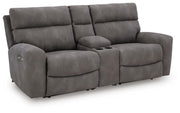 Ashley Furniture Next-Gen DuraPella power reclining sectional loveseat with console, angled view showing plush cushions and modern design.