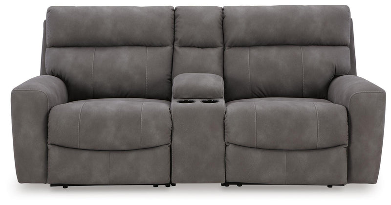 Ashley Furniture Next-Gen DuraPella Power Reclining Sectional Loveseat with Console, showing plush cushions and built-in cup holders.