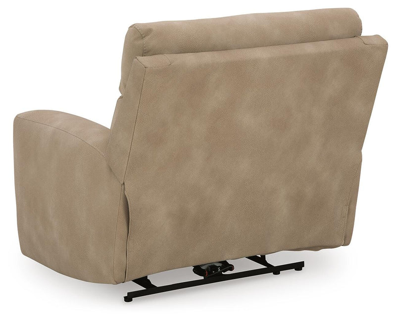 Ashley Furniture Next-Gen DuraPella power recliner with plush cushioning and dark brown leather upholstery, shown from the back.