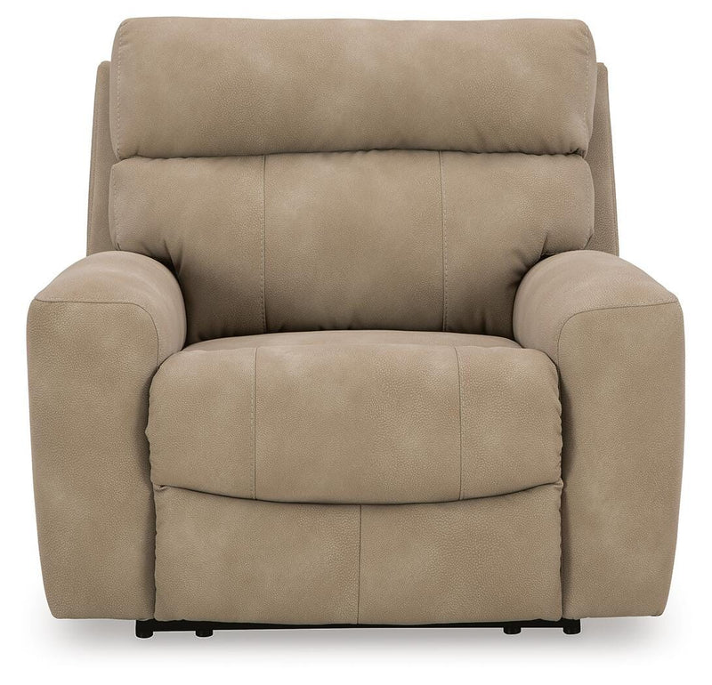 Ashley Furniture Next-Gen DuraPella Power Recliner showing plush fabric, padded armrests, and built-in reclining mechanism.