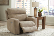 Open Next-Gen DuraPella Power Recliner by Ashley Furniture showing plush fabric, padded armrests, and reclining position.