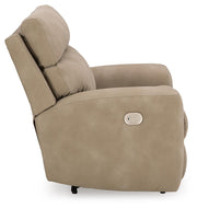 Ashley Furniture Next-Gen DuraPella Power Recliner showing plush fabric upholstery and padded armrests in a living room setting.