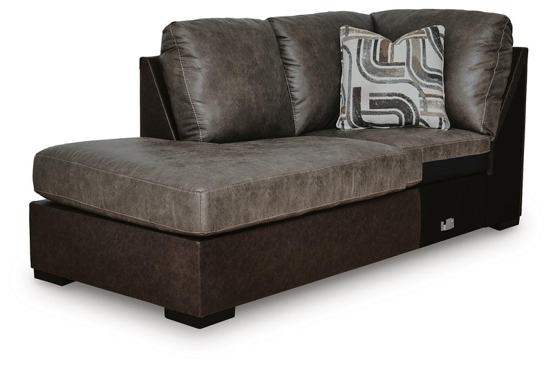 Ashley Furniture Castille Way sectional with chaise, showing the angled view of the fabric-upholstered sofa and chaise lounge.