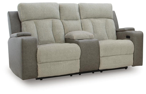 Ashley Furniture WhipLash power reclining loveseat with console, showing plush upholstery and built-in cup holders from an angled view.