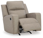Ashley Furniture Lavenhorne recliner in open position, showcasing plush fabric upholstery and comfortable design from a side angle.
