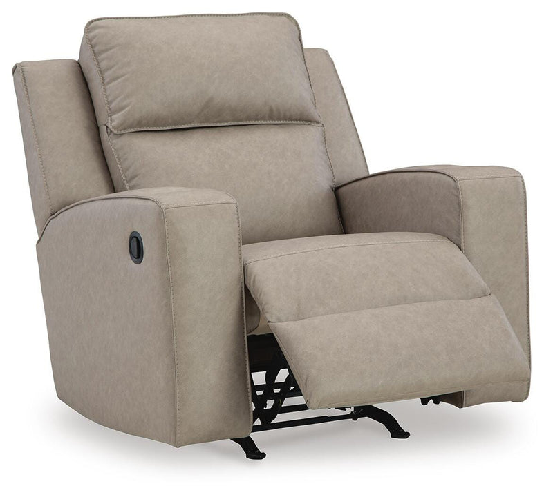 Ashley Furniture Lavenhorne recliner in open position, showcasing plush fabric upholstery and comfortable design from a side angle.