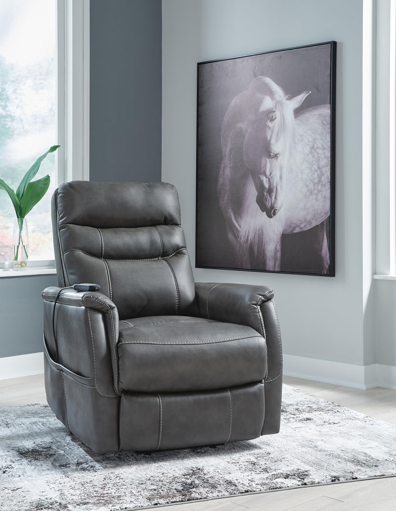Ashley Furniture Strawbill Power Lift Recliner in closed position, plush upholstery with padded armrests and built-in lift mechanism.