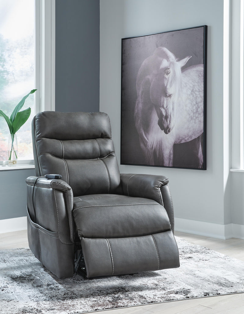 Ashley Furniture Strawbill Power Lift Recliner in open position, featuring plush upholstery and a modern design for comfortable seating.