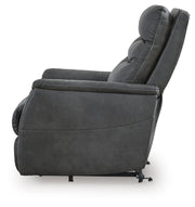 Ashley Furniture Strawbill Power Lift Recliner showing side view with plush fabric and padded armrests for comfortable relaxation.