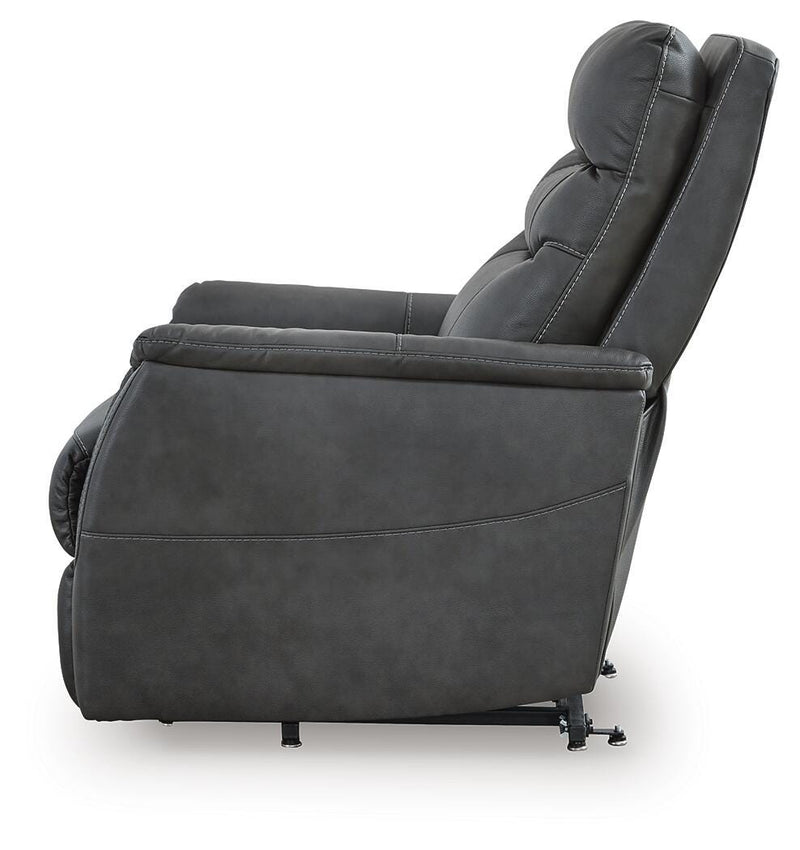 Ashley Furniture Strawbill Power Lift Recliner showing side view with plush fabric and padded armrests for comfortable relaxation.