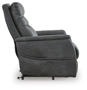 Ashley Furniture Strawbill Power Lift Recliner in brown fabric with plush cushioning and side control panel.