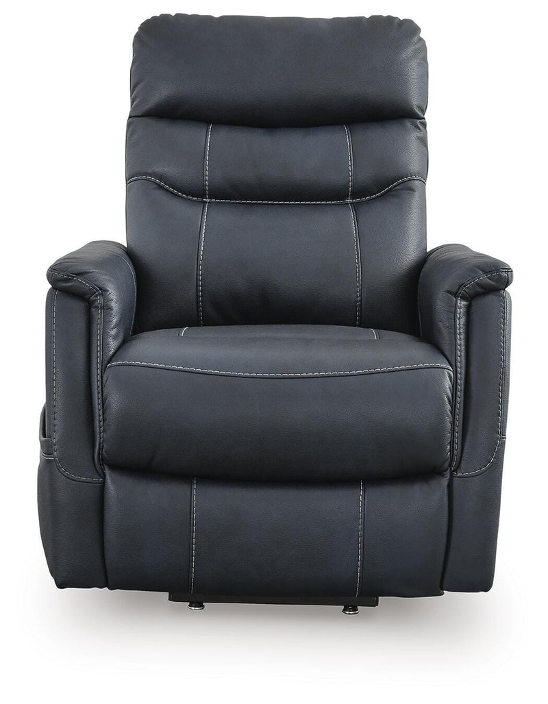 Ashley Furniture Strawbill Power Lift Recliner showing a head-on view with plush fabric and powered reclining features.