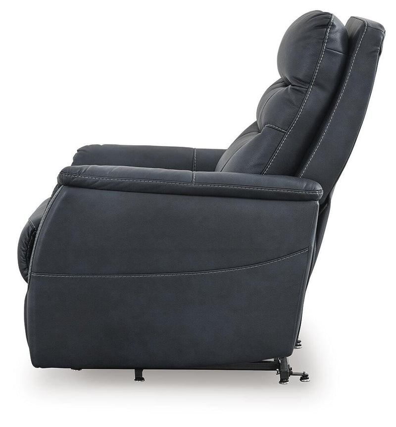 Ashley Furniture Strawbill Power Lift Recliner showing side view with plush upholstery and reclining mechanism.