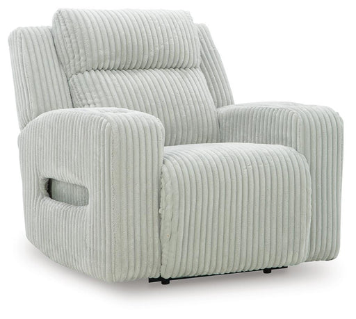Ashley Furniture Forest Lake power recliner in a closed position, featuring plush upholstery and a sturdy wooden base.
