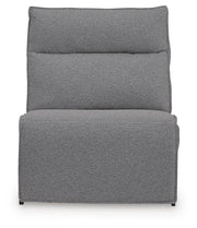 Ashley Furniture Modmax II power reclining sectional with built-in audio consoles, showing plush cushions and reclining seats.