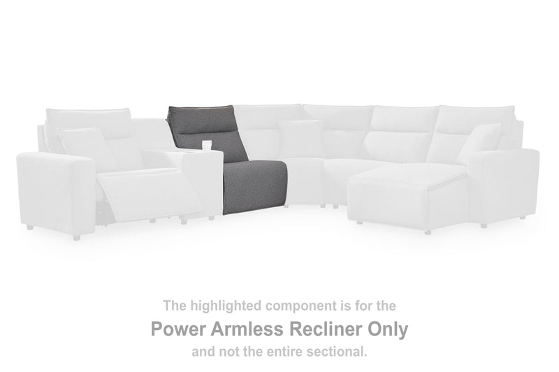 Ashley Furniture Modmax II power reclining sectional with built-in audio consoles, featuring plush cushions and modern design.