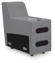 Ashley Furniture Modmax II power reclining sectional with built-in audio consoles, shown from an angle highlighting the sectional's design.