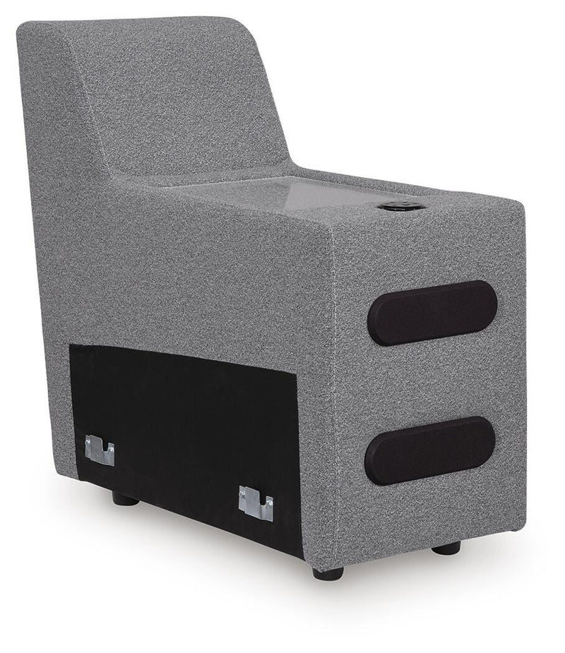 Ashley Furniture Modmax II power reclining sectional with built-in audio consoles, shown from an angle highlighting the sectional's design.
