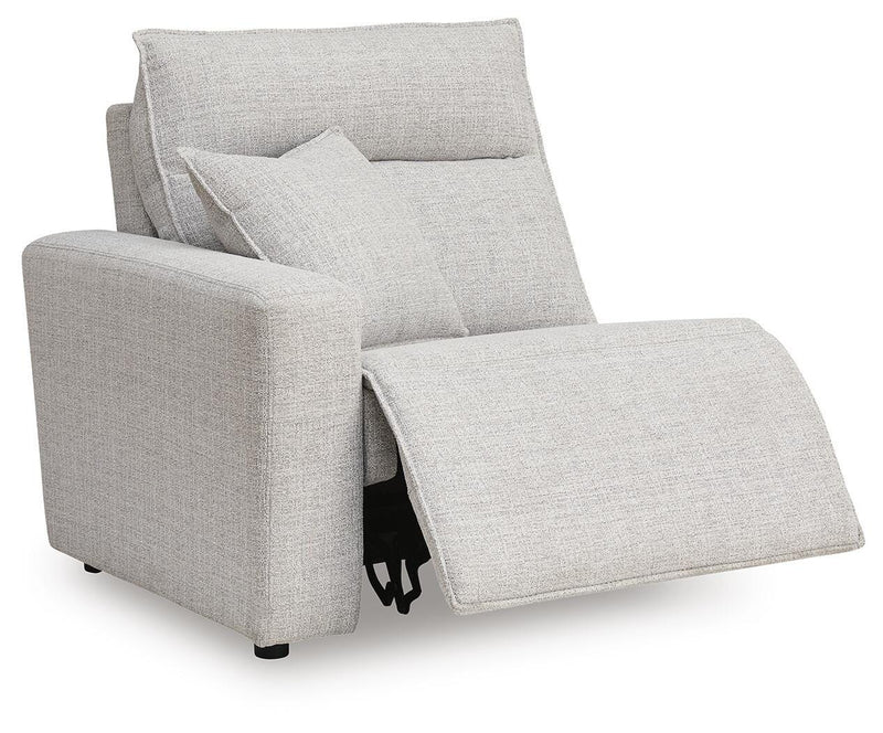 Ashley Furniture Modmax II Reclining Sofa Chaise sectional in open angle view, showing plush cushions and reclining features.