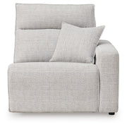 Ashley Furniture Modmax II power reclining sectional with integrated audio consoles, shown from head-on angle.