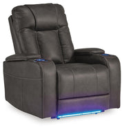 Ashley Furniture Feazada power recliner in a closed position, showcasing its plush upholstery and modern design from a side angle.