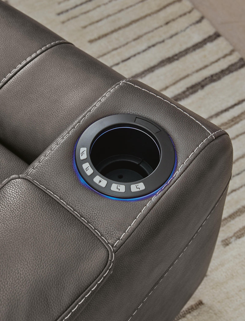 Ashley Furniture Feazada Power Recliner with armrest storage and cup holder, showcasing plush fabric and modern design