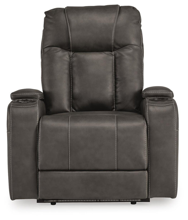 Ashley Furniture Feazada power recliner with plush upholstery and built-in headrest, shown in a front view image.
