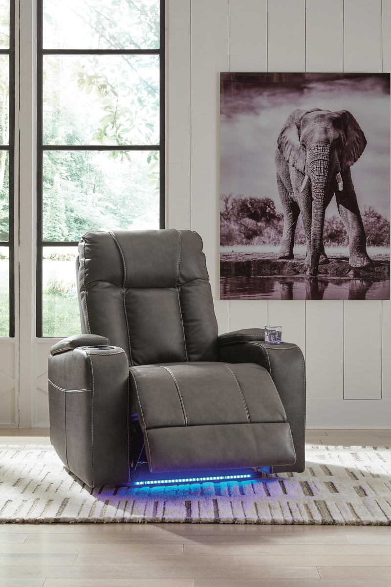 Ashley Furniture Feazada Power Recliner in open position, showcasing plush upholstery and reclining mechanism.