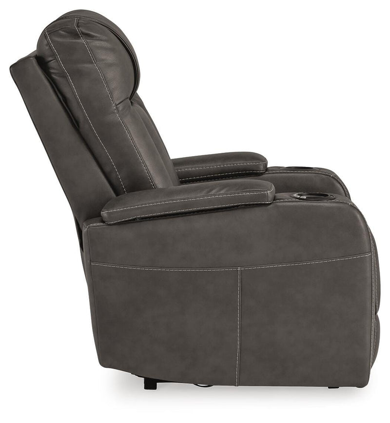 Ashley Furniture Feazada power recliner with plush fabric, side view showing the reclining mechanism and modern design.