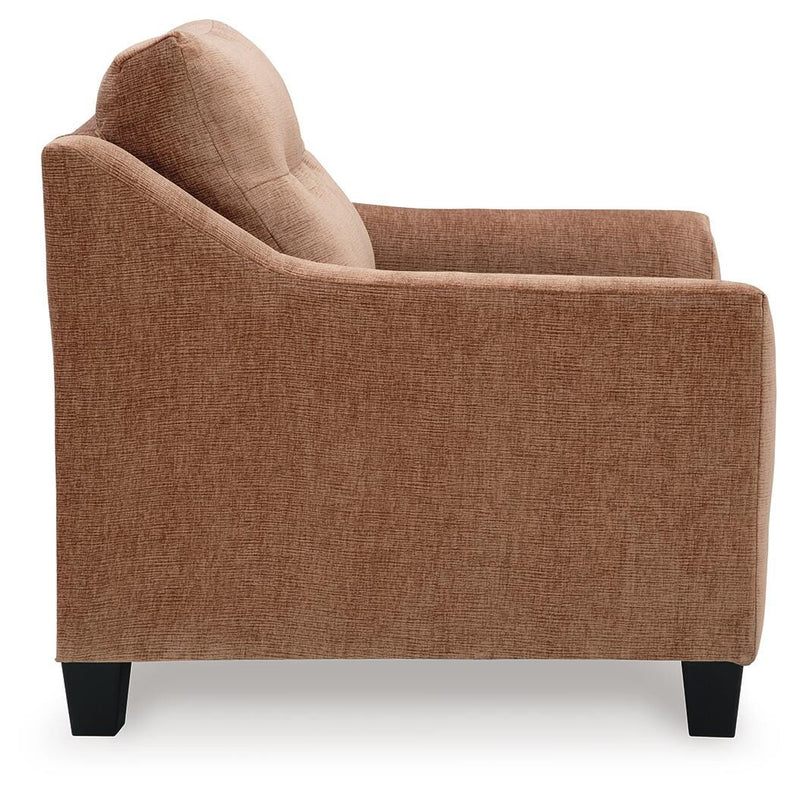 Ashley Furniture Amity Bay Chair with wooden legs and plush fabric upholstery, shown from the side.