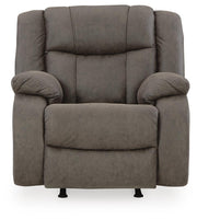 Ashley Furniture First Base Recliner with plush cushioning and wide armrests, shown from a front head-on view.
