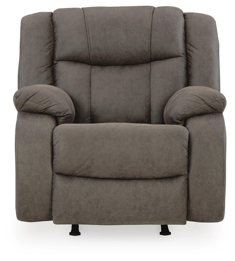 Ashley Furniture First Base Recliner with plush cushioning and wide armrests, shown from a front head-on view.