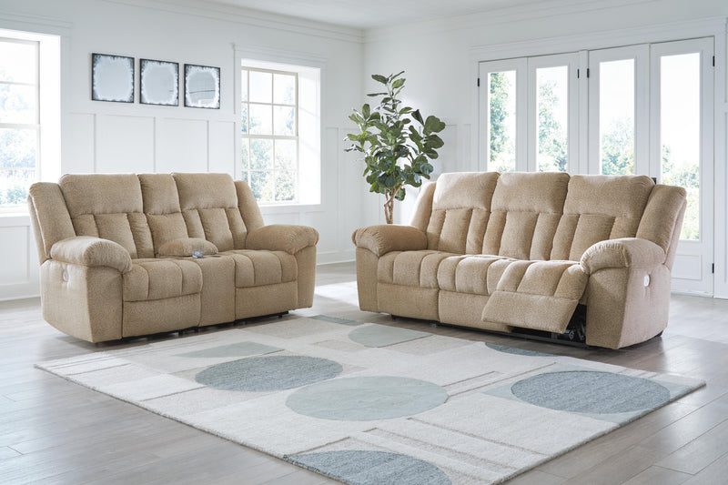 Open view of Ashley Furniture Tip-Off 2-piece living room set with sofa and loveseat in modern fabric upholstery.