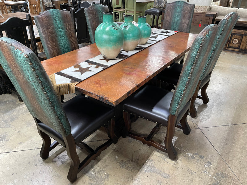 84” Hammered Copper Dining Table Set with 6 Leather Chairs