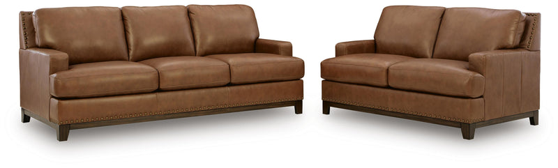 Ashley Furniture Saonara living room set with a sofa and loveseat in neutral fabric, modern design, and plush cushions.
