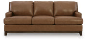 Ashley Furniture Saonara living room set with plush beige sofas and matching armchair, modern design, and wooden legs.