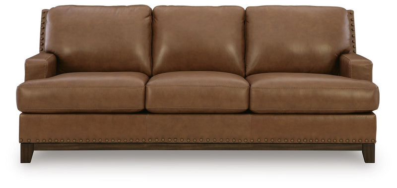 Ashley Furniture Saonara living room set with plush beige sofas and matching armchair, modern design, and wooden legs.