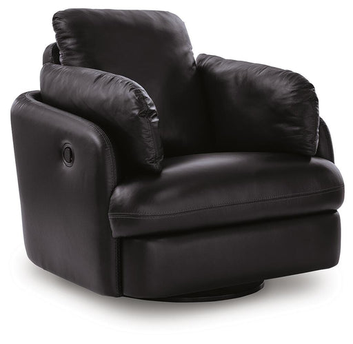Ashley Furniture Modmax II Swivel Glider Recliner in neutral fabric, shown from an angled side view with closed reclining mechanism