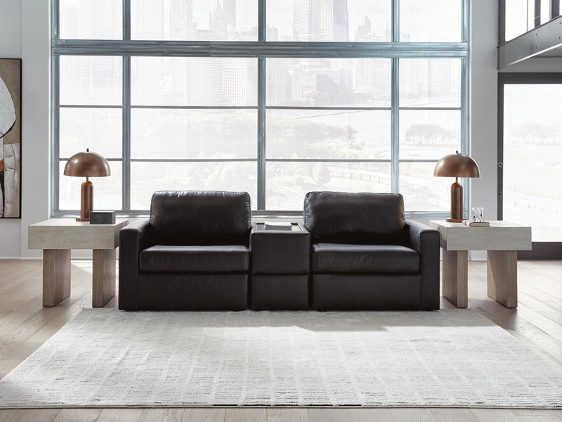 Ashley Furniture Modmax II sectional sofa with storage console, featuring plush cushions and modern fabric, shown in a stylish living room setting.