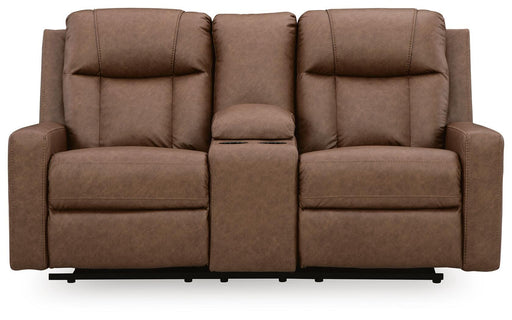 Ashley Furniture Mackmenville reclining loveseat with built-in console, shown in head-on view with plush cushions.