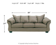 Ashley Furniture Darcy living room set featuring a sofa, loveseat, and armchair with plush cushions and modern design.