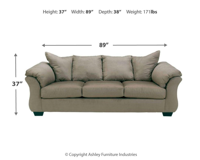 Ashley Furniture Darcy living room set featuring a sofa, loveseat, and armchair with plush cushions and modern design.
