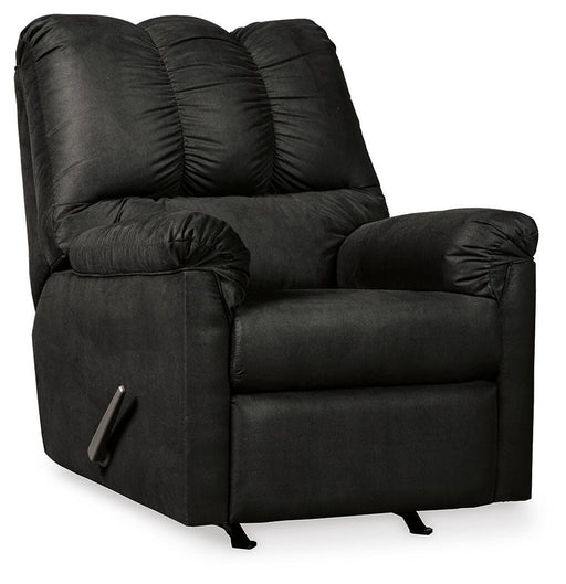 Ashley Furniture Darcy Recliner with plush upholstery and padded armrests, shown in a neutral fabric.