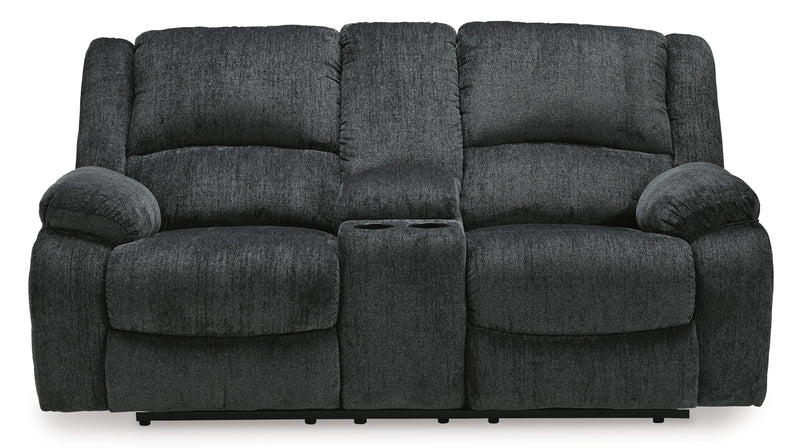 Ashley Furniture Draycoll power reclining loveseat with console, shown from a head-on view, featuring plush cushions and built-in cup holders.