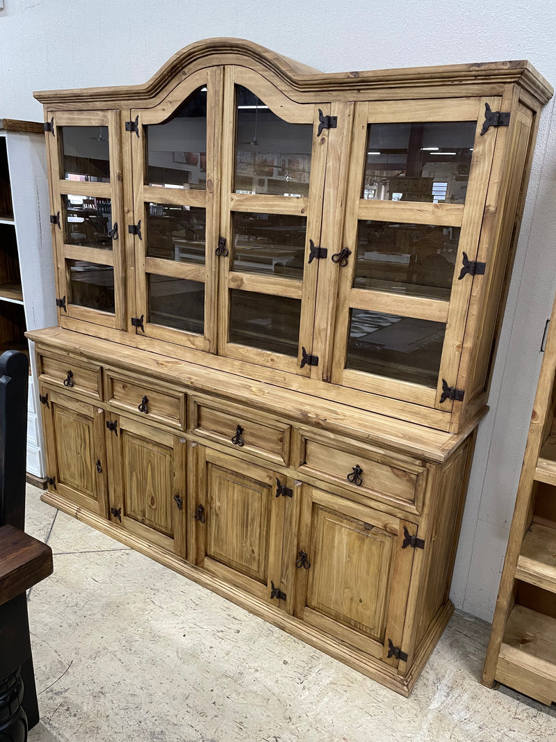 Rustic Solid Pine Hutch & Buffet with Glass Display Doors