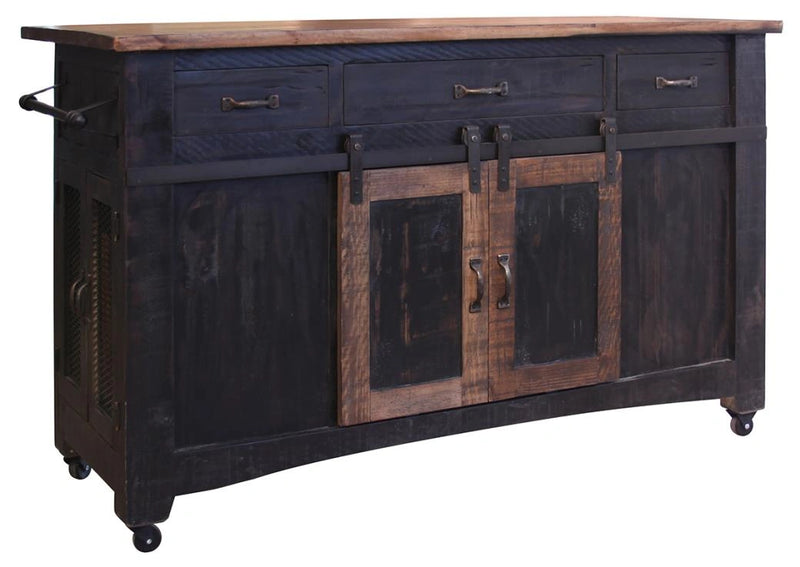 Pueblo Black 3 Drawer Kitchen Island w/2 sliding doors, 2 Mesh doors on each side - functional casters - Black and Brown Finish