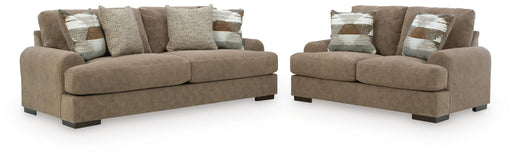 Ashley Furniture Jayne Park living room set with sofa and loveseat in neutral fabric, contemporary design with plush cushions.