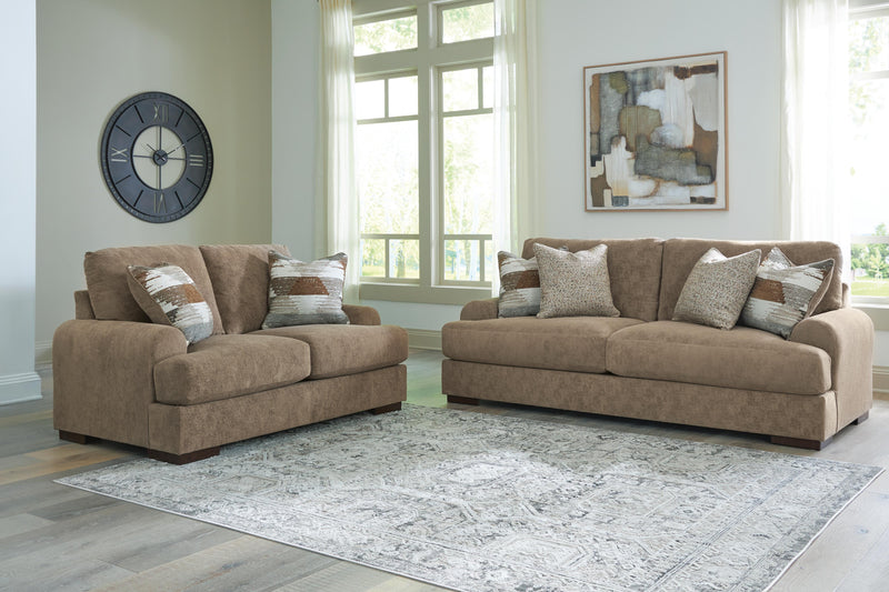 Ashley Furniture Jayne Park living room set with sofa and loveseat featuring neutral fabric upholstery and modern design.