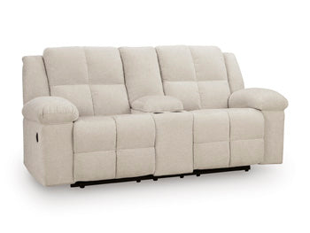 Ashley Furniture Orlen reclining loveseat with console, featuring plush fabric, padded armrests, and integrated cup holders.