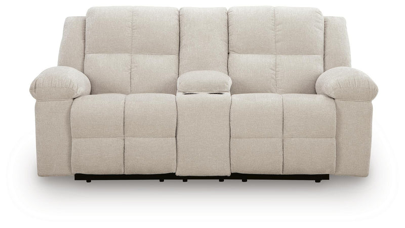 Ashley Furniture Orlen reclining loveseat with console, shown in a head-on view, featuring plush upholstery and built-in cup holders.